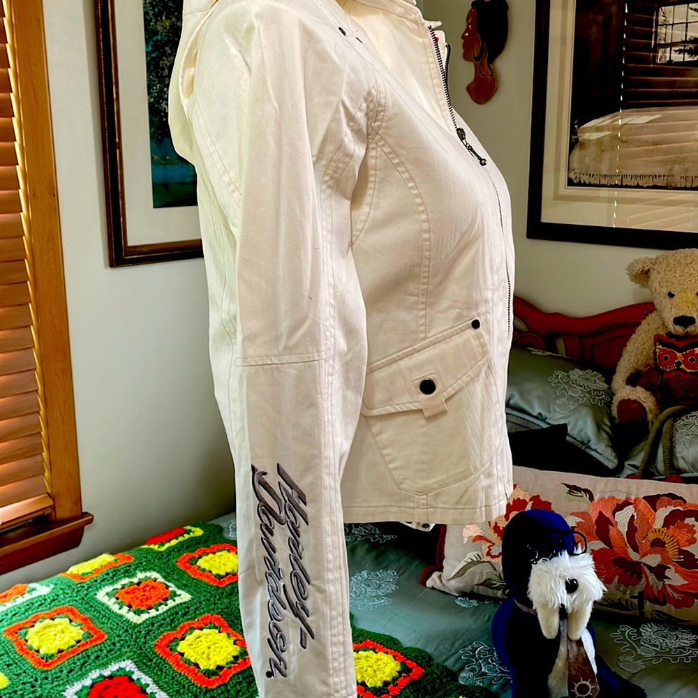 Harley Davidson White Jean Jacket Zip On/Off Hood